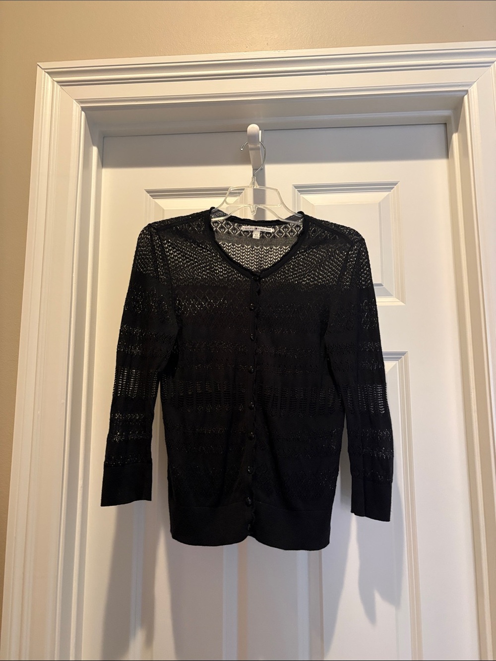 Tommy Hilfiger Black Openwork Button-Front Cardigan- 100% cotton